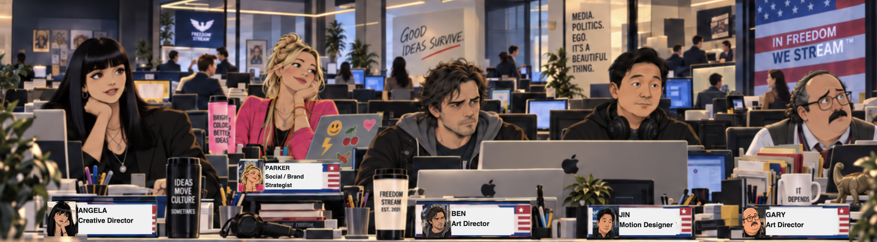 The Freedom Stream creative bullpen — Angela, Parker, Ben, Jin and Gary at their desks