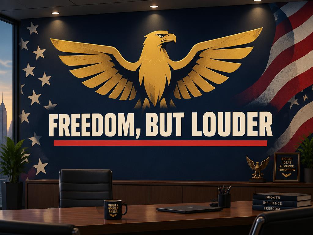 Freedom Stream conference room with its gold eagle and Freedom, But Louder brand mandate