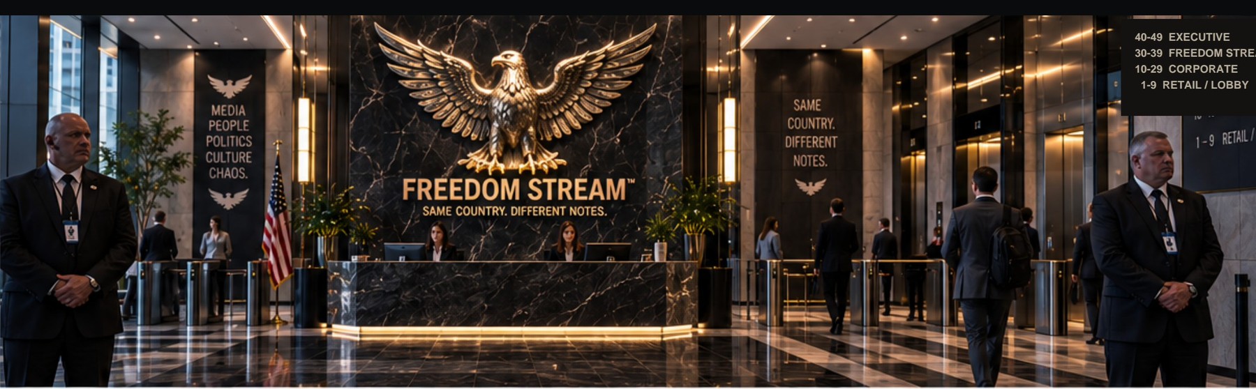 The Freedom Stream lobby and its gold eagle statue