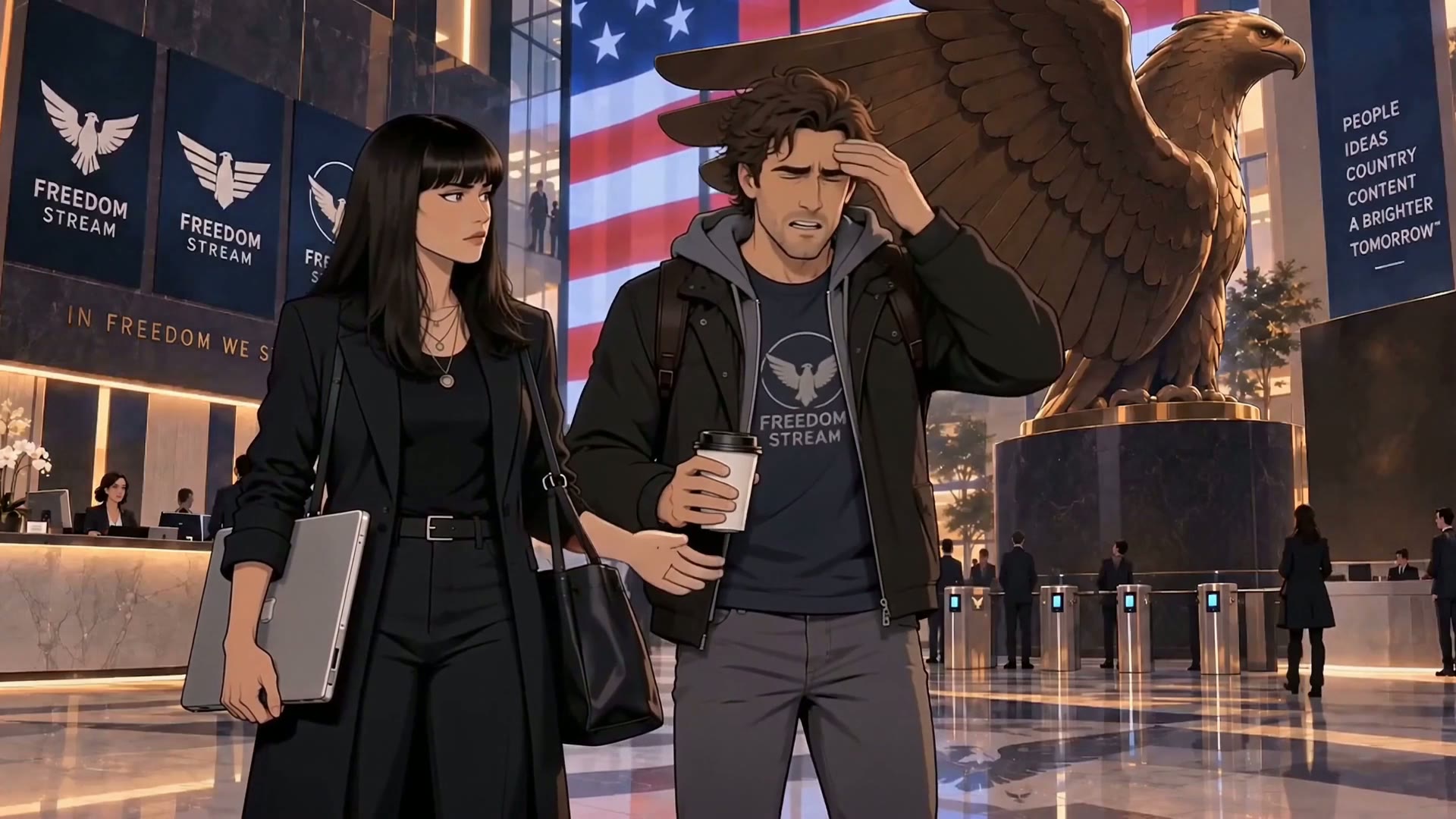 Angela Foster and Ben Rizzo in the Freedom Stream lobby