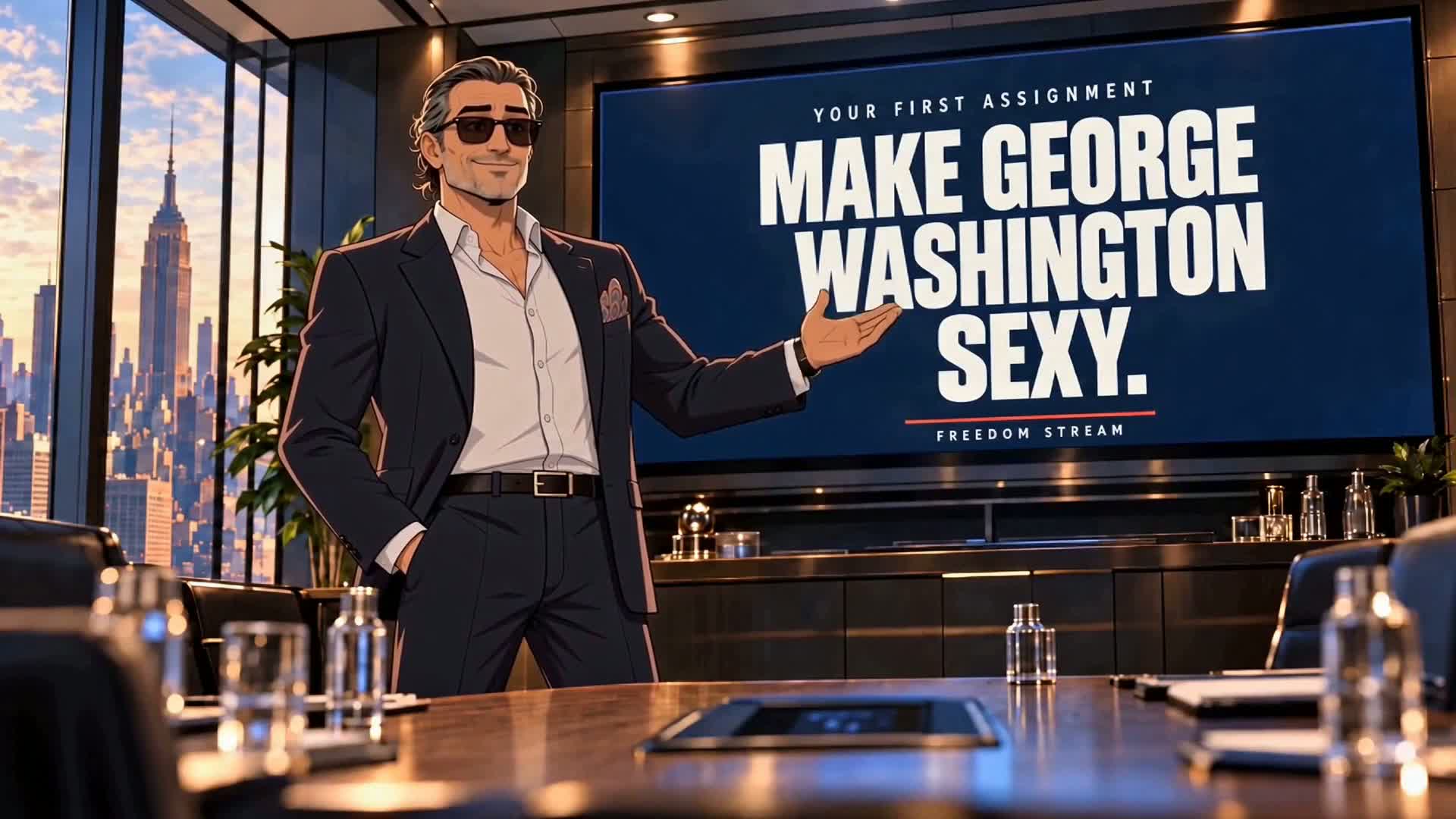 Freedom Stream briefing room presenting the assignment to make George Washington sexy